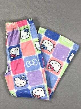 Hello Kitty Pants Girls Small 6-6x Blue Pink Logo Cat Pull On PJ Lounge Wide Leg